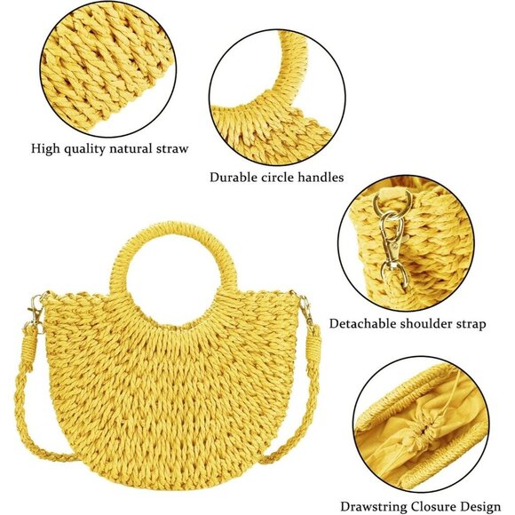Woven Straw Beach Bag for Womem Top Handle Yellow Crossbody and Shoulder Strap - Picture 4 of 6